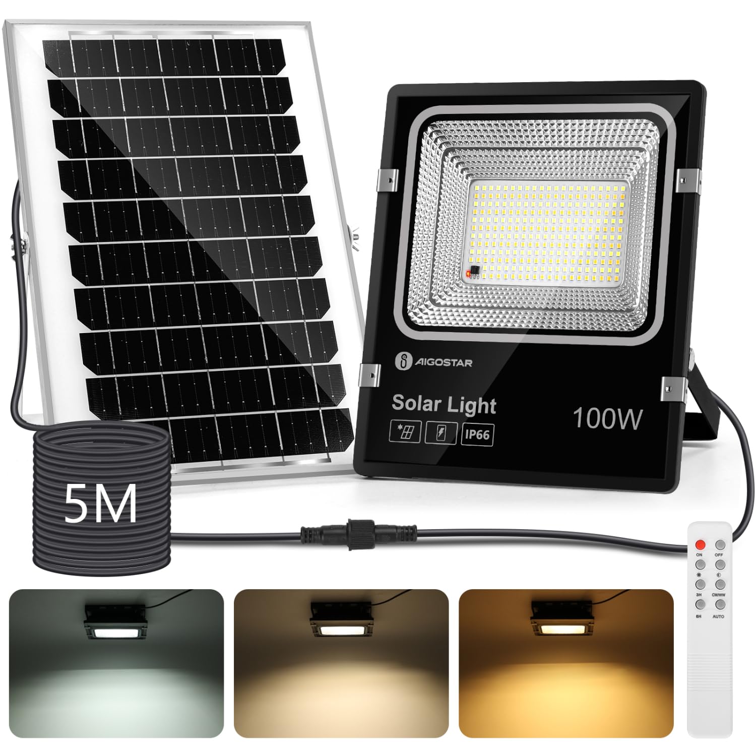 Aigostar - Foco solar exterior con mando a distancia,Cable de 5m.8000mAH,Batería de gran capacidad y gran panel solar.regulable 3000/4000/6500K. Uso interior/exterior IP66:jardín,patio,camino
