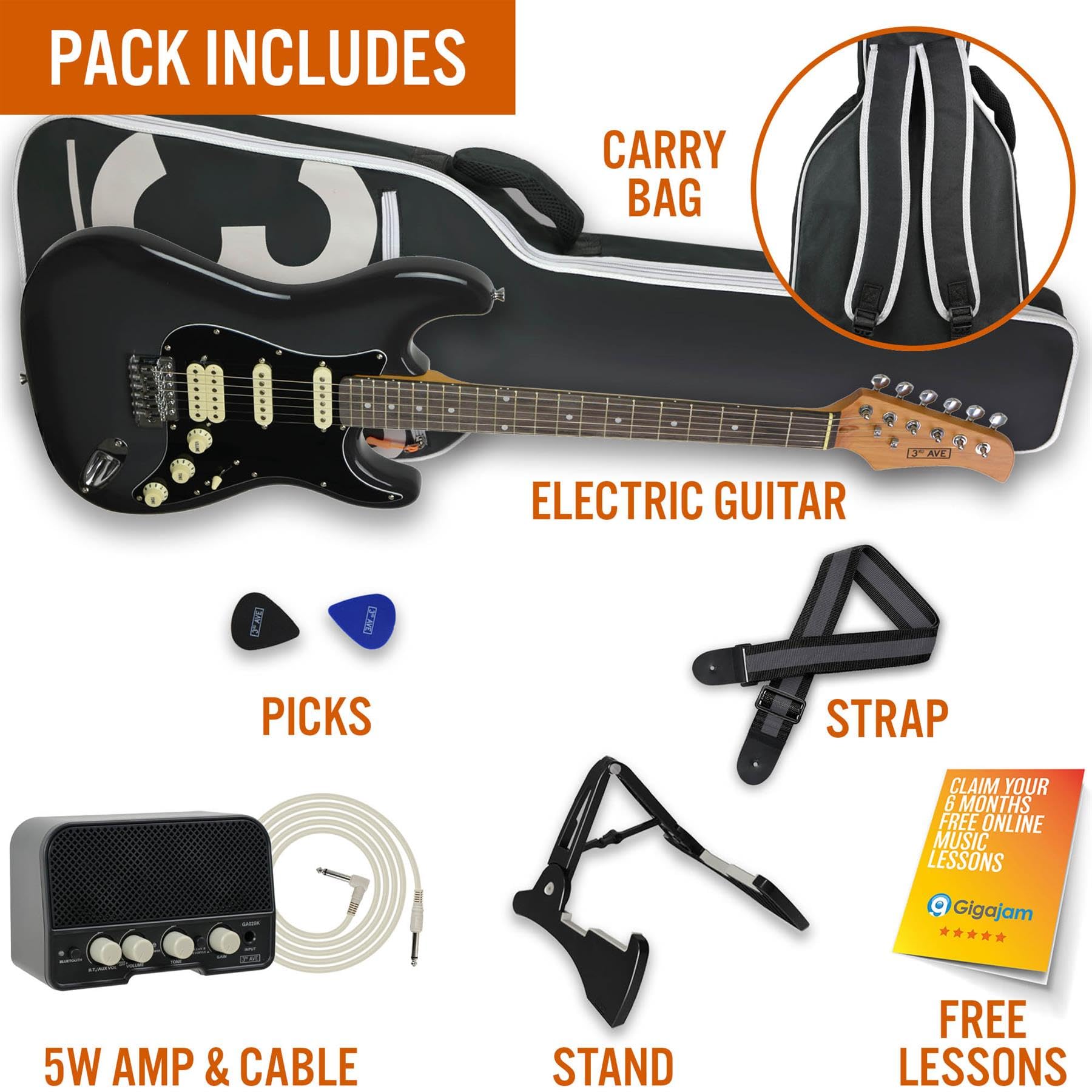 3rd Avenue Stateside Volle Größe 4-4 E-Gitarre Ultimate Kit Mit 5-W-Verstärker, Kabel, Ständer, Gepolsterter Gigbag, Gurt, Plektren – Rushmore Grey