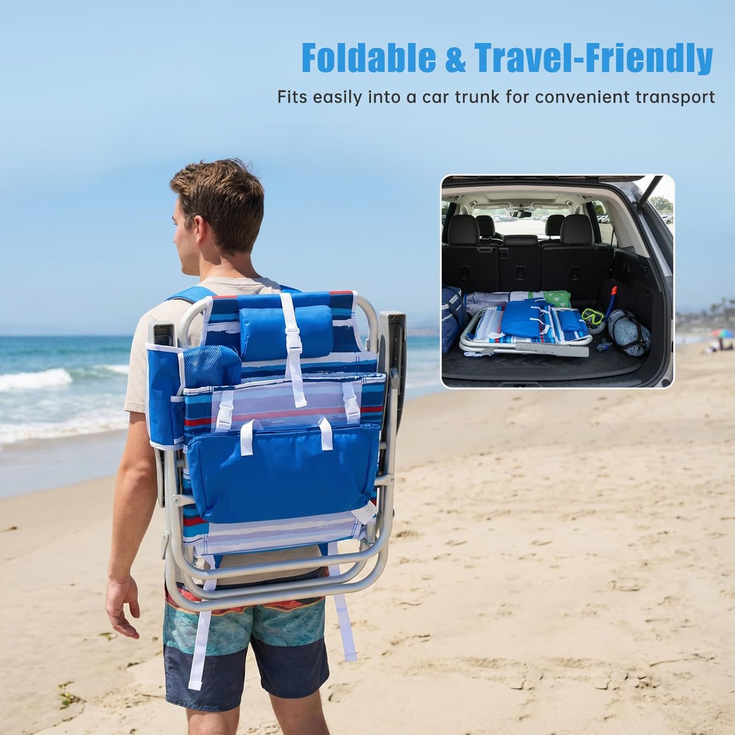 SUNNYFEEL Low Beach Chair 5 Position Lay Flat, Portable Folding Backpack Beach Chairs Heavy Duty with Cooler Bag, Cup Holder for Outdoor/Lawn/Picnic/Fishing, Foldable Camping Chair (New BlueStripe)