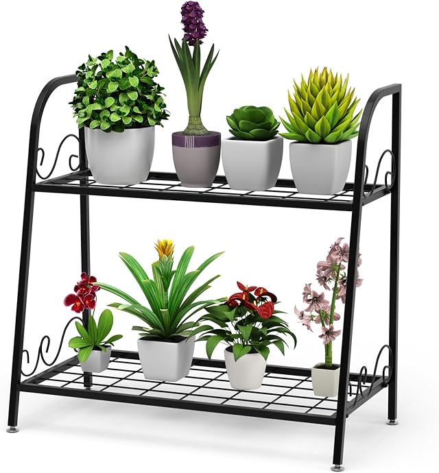 COSTWAY Scaffale Portafiori a 2 Ripiani, Porta Piante da Esterno e Interno a Scala, Scaffale Porta Vasi di Metallo per Balcone, Soggiorno e Giardino, 63 x 30,5 x 61,5 cm