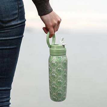 Mayim 20oz Insulated Stainless Steel Water Bottle with Removable Straw, Leakproof Lid & Oversized Carry Loop, Cup Holder Friendly (Sage Botanical Tile)