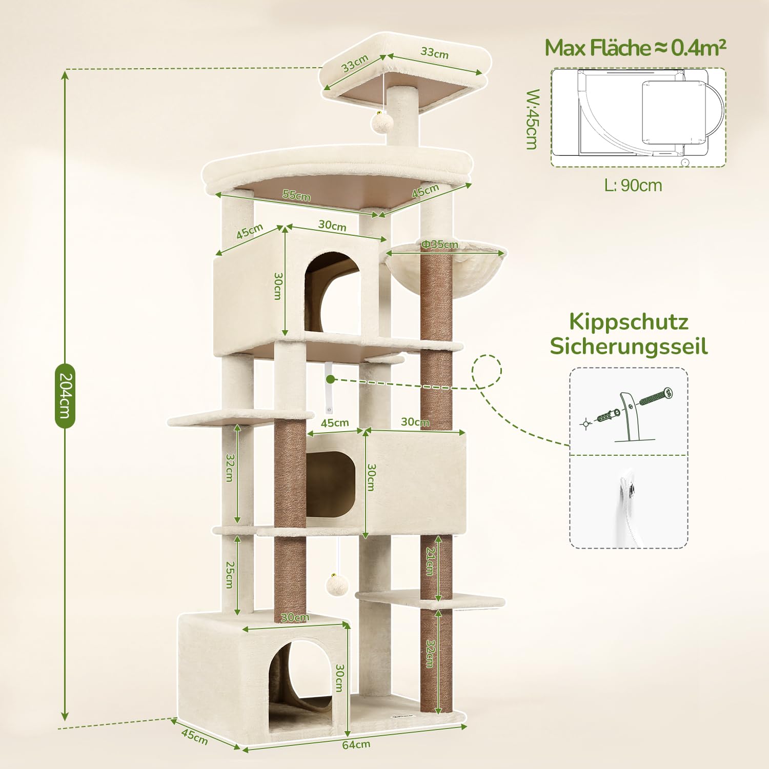 Globlazer S80 Arbre a Chat Beige XXL 203 cm Stable Pour 3/4/5 Grand Chats | Arbre à Chat avec 3 Grand Niches, Extra Large Plateforme, Griffer Sisal, Anti-basculement, Convient aux Maine Coons, Ragdolls