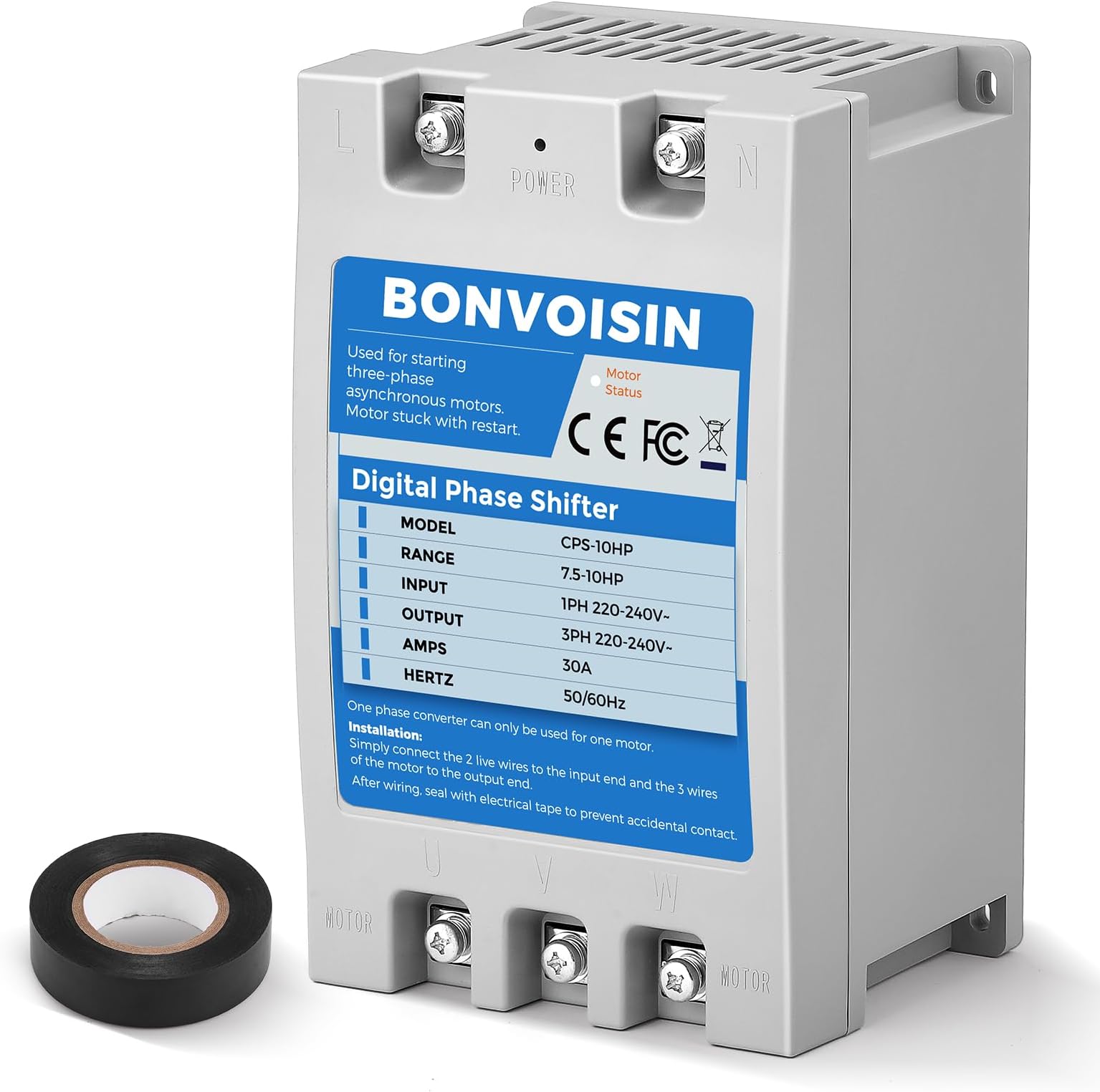 Bonvoisin Single Phase to 3 Phase Converter 10HP(7.5kW) Digital Phase Shifter, 30A 220V-240V Input/Output, One Converter only for one Motor.