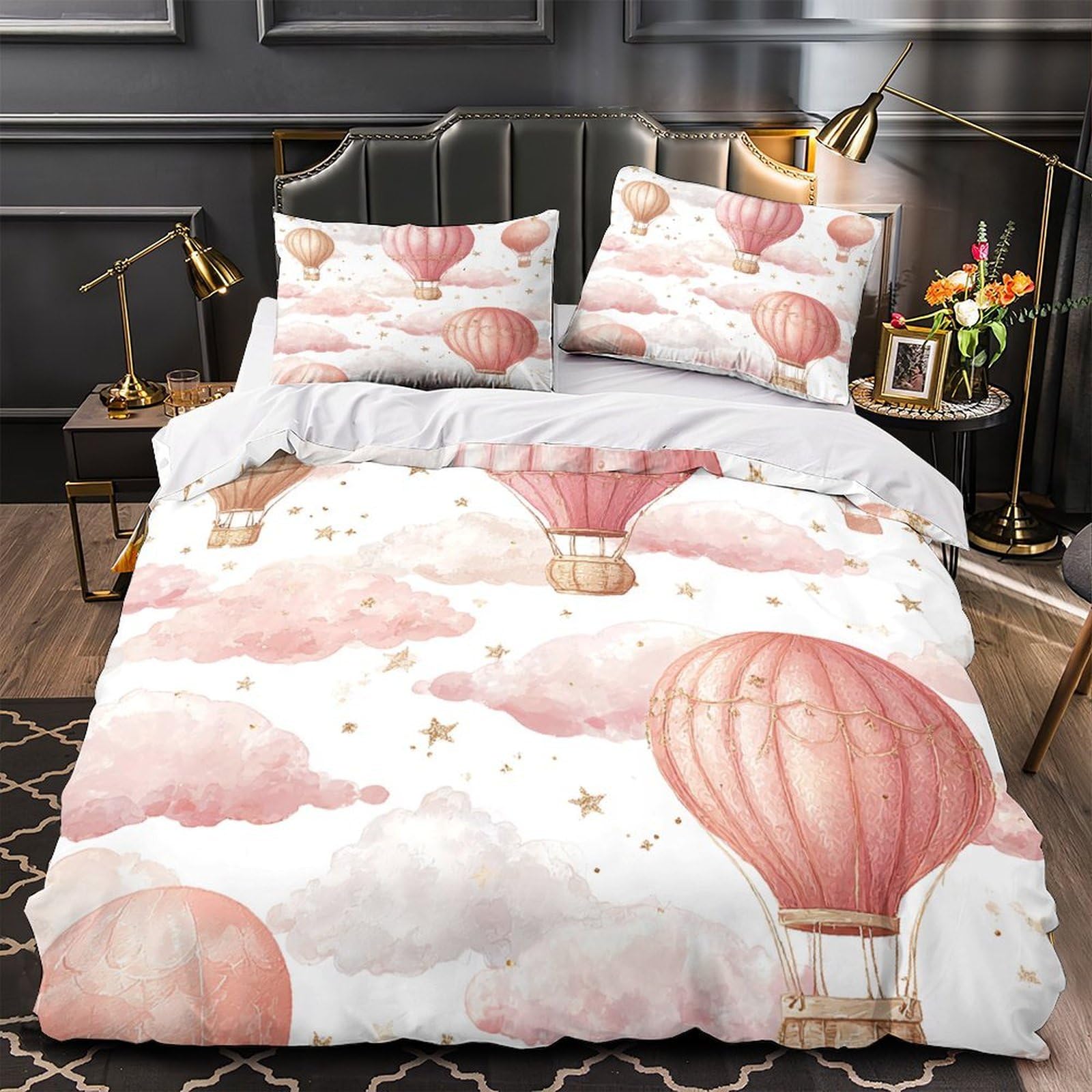 Parure de lit montgolfière 220x240 cm en microfibre avec 2 taies d'oreiller