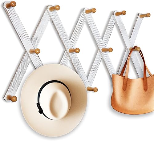 Miniatura 1 de AITUFIY Perchero expandible de madera de acordeón montado en la pared retro para sombreros de madera con 14 clavijas para colgar chaqueta, tazas de