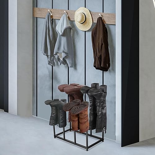 Miniatura 5 de Moderno estante de metal negro para almacenamiento de botas altas, organizador de botas de entrada independiente con 8 postes largos, capacidad para