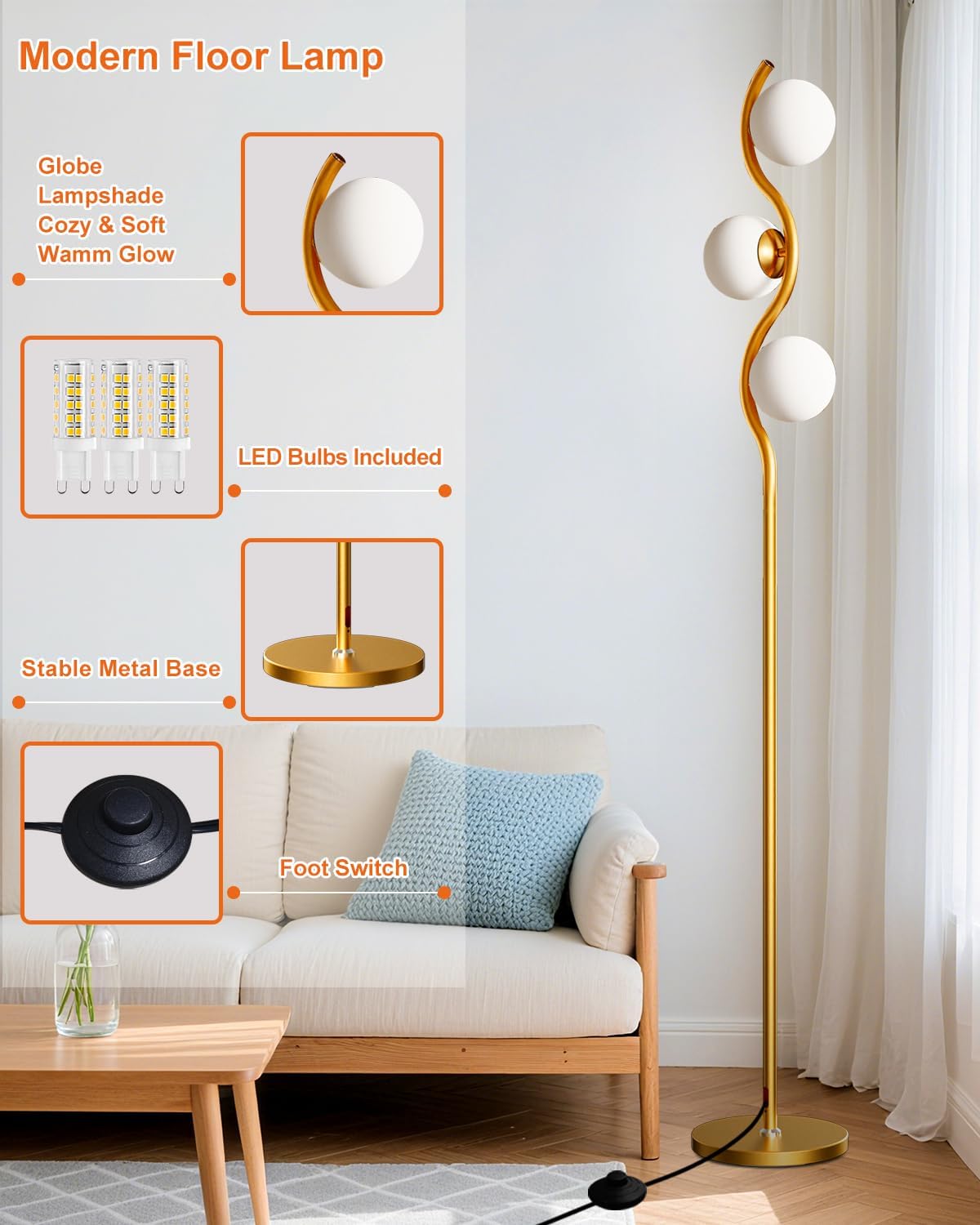 Lightdot Gold Floor Lamp for Living Room, 60IN 3-Globe Mid Century Standing Lamps with 3000K Soft Warm White Bulbs, Modern Tall Lamp for Bedroom Office