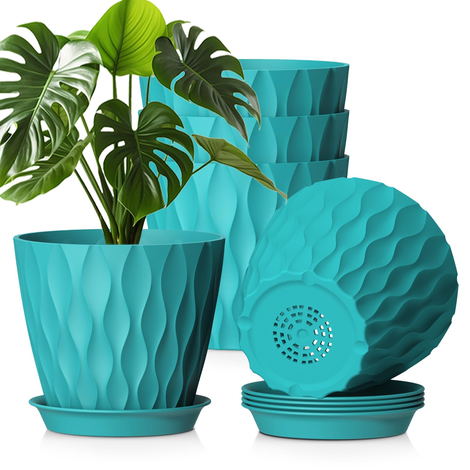 WSMKSZ 20 cm Plant Pots Indoor Outdoor Plants, 5 Pack Thick Plastic Flower Pots with Drainage Holes & Saucers, 3D Modern Wave Texture, Medium Decorative Planter Pots for Monstera, Geranium, Blue-Green