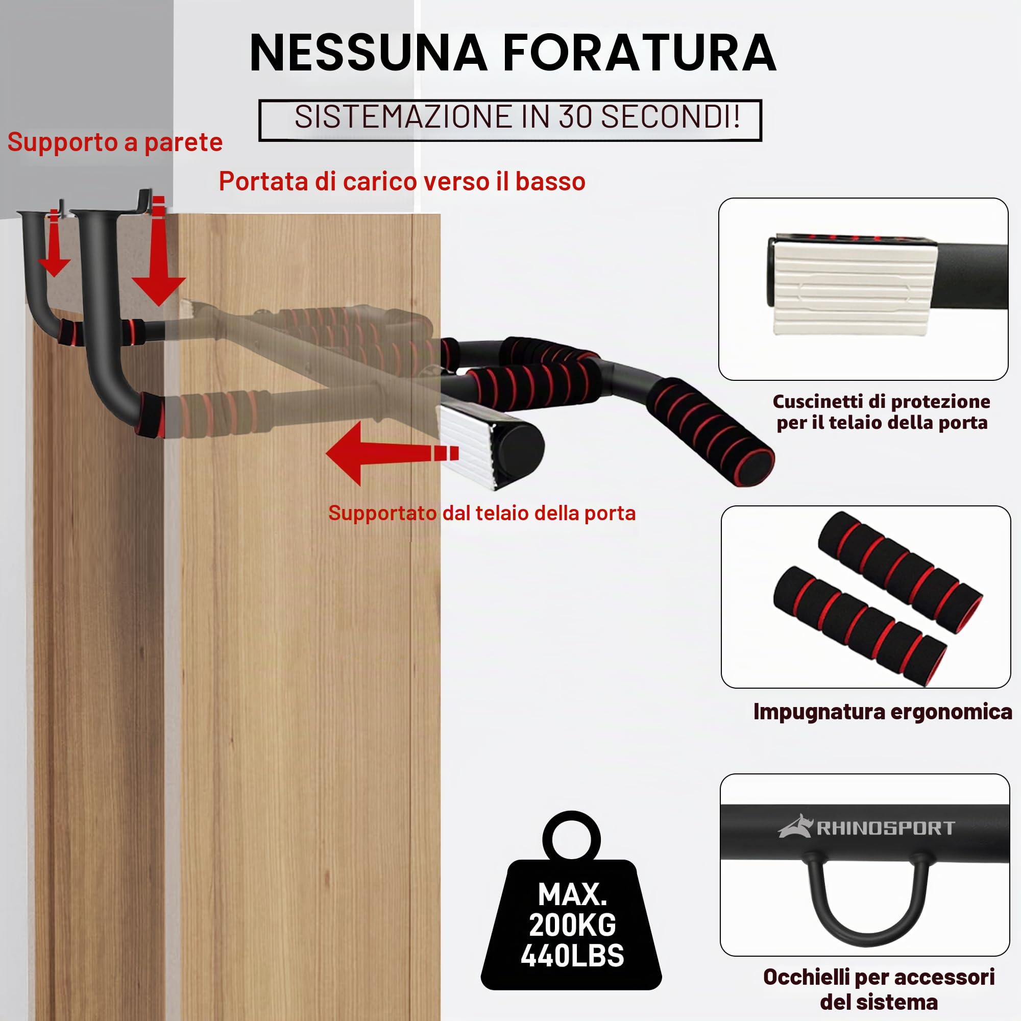 Rhinosport Barra per trazioni Multifunzione Sbarra Trazioni, Barra per Porte, Regolabile da 65 cm a 92 cm senza viti （Extra gratuito maniglie ）