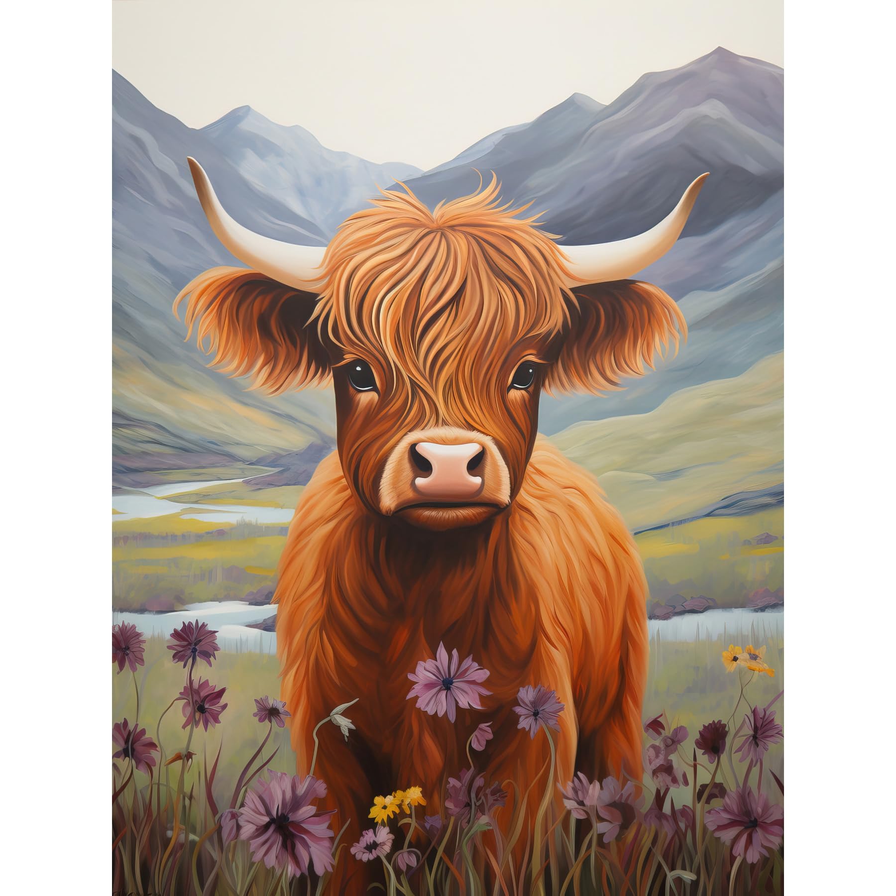 Artery8 Kids Bedroom Nursery Artwork Highland Calf Cow in Heather and Cornflower Glen Scotland Large Wall Art Poster Print Thick Paper 18X24 Inch