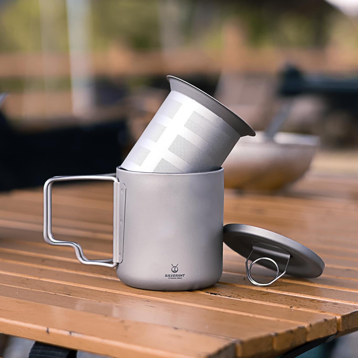 SILVERANT Camping Mug Titanium Double Wall Coffee Tea with Cup Inner Filter with Folding Handle