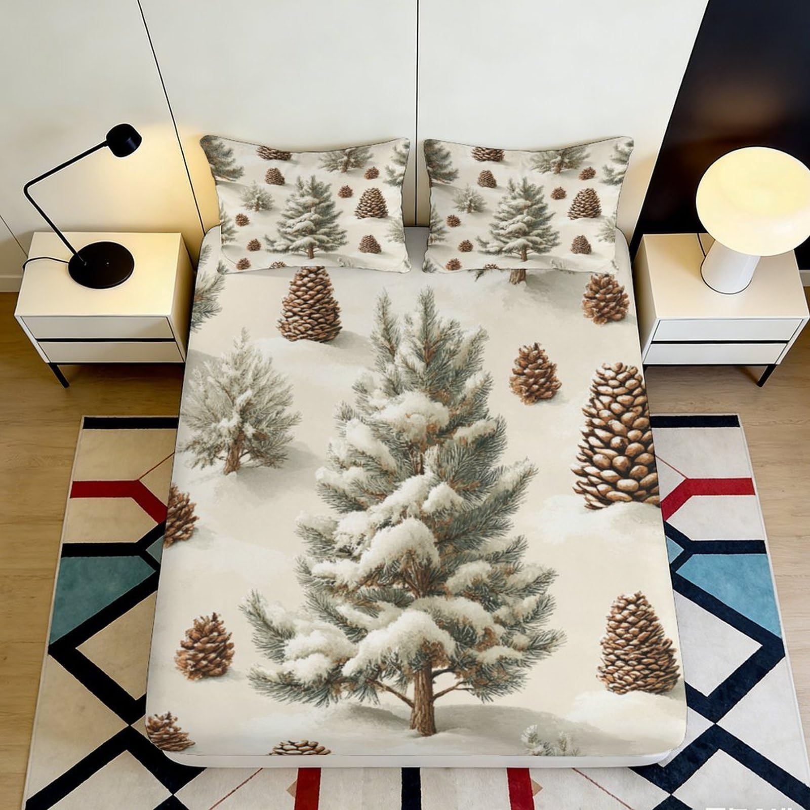 3D Printed Snowy Pine Forest Fitted Sheet Microfiber Soft Breathable Pinecone Bed Cover for Bedroom Dorm Decor 90x200x25cm