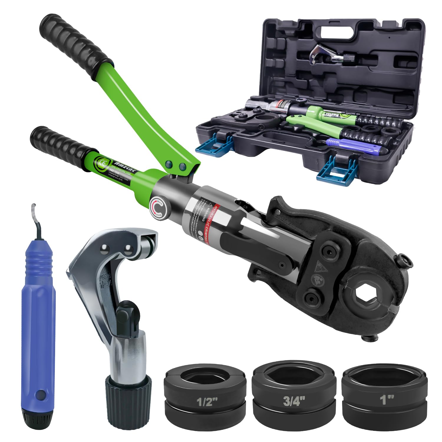 AMZCNC ProPress Tool Copper Tube Fittings Hydraulic Copper Pipe Crimping Tool with 1/2 inch,3/4 inch and 1 inch Jaws Copper Pipe Press Crimpers Pressing Pliers,Suit for Narrow Space and Tee Fittings