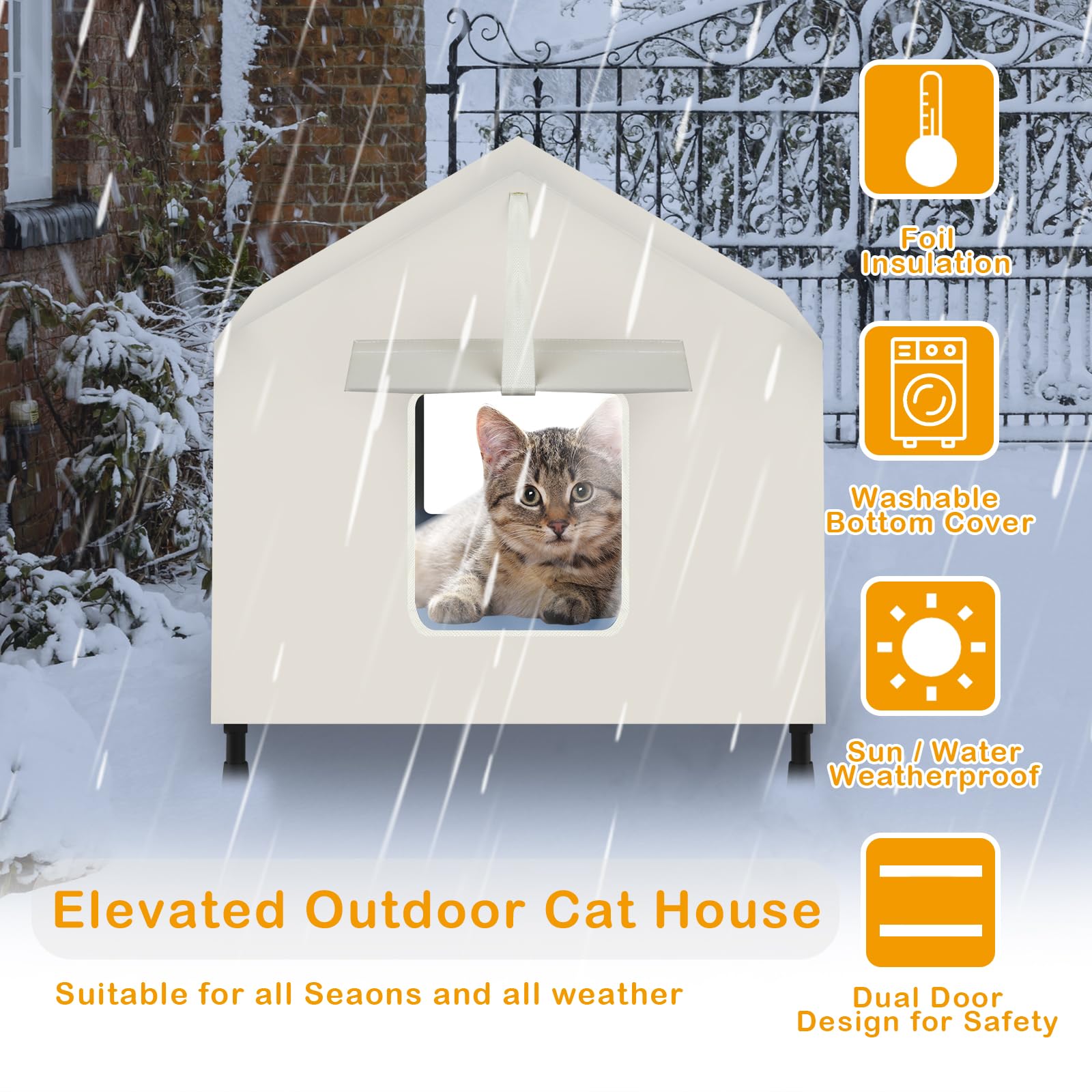 Insulated Outdoor Cat House Weatherproof w/Awning & Safe Escape Door, Waterproof Elevated Bed House Shelter for Outside Feral Stray Barn Community Cat w/Self-Warming Blanket 24