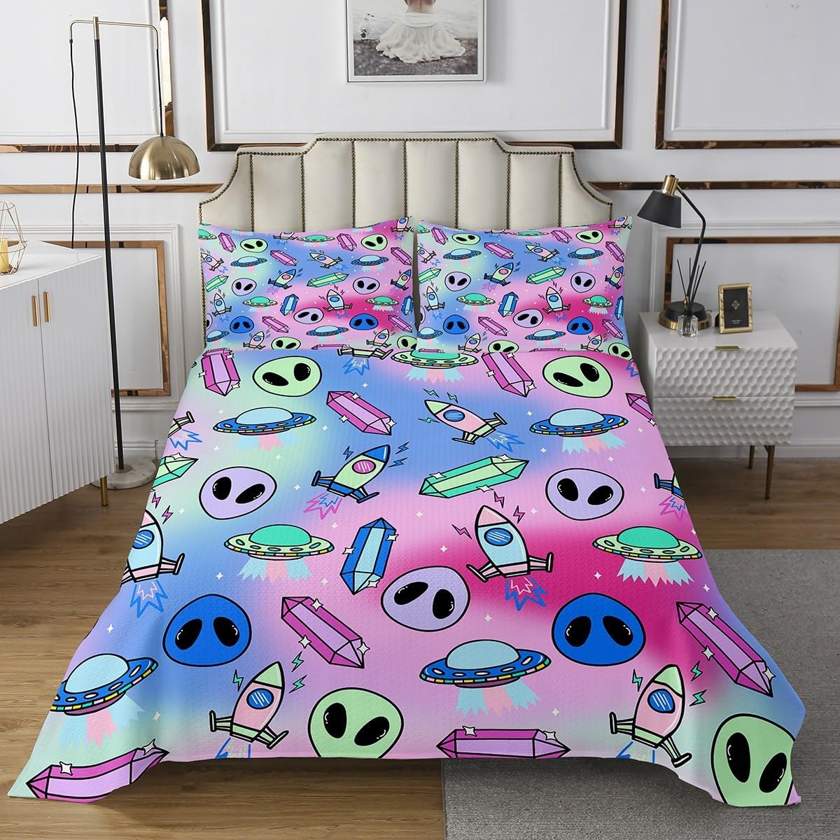 Homewish Colorful Graffiti Bedspread Twin Size,Hippie Music Bedding Sets 2Pcs for Kids Girls Boys Room Decor,Brick Wall Graffiti Comforter Set Fashion Red Lips Quilt Coverlet,1 Pillowcase