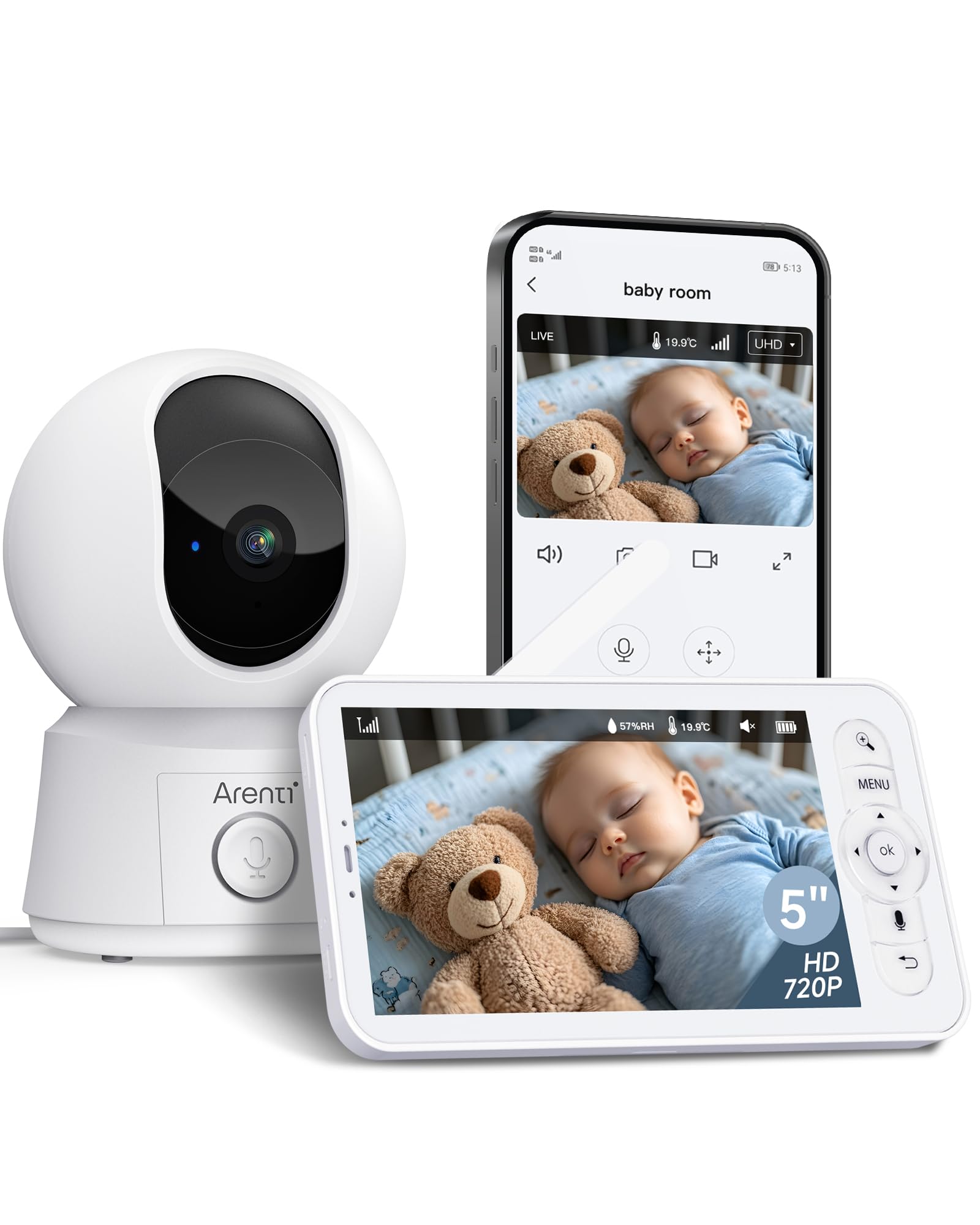ARENTI5''1080P Smart Wi-fi Baby Monitor with Camera and App,Night Vision,720P Display,Remote Pan Tilt,HD Camera,Auto Tracking,300m Long Range,Temperature Sensor,Cry&Motion Detection,2 Way Audio