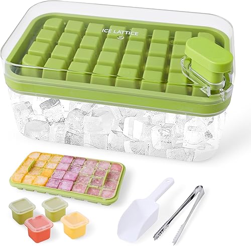 ALSTER Bandeja para cubitos de hielo con tapa y contenedor, 64 moldes para cubitos de hielo de fácil liberación para congelador, contiene con