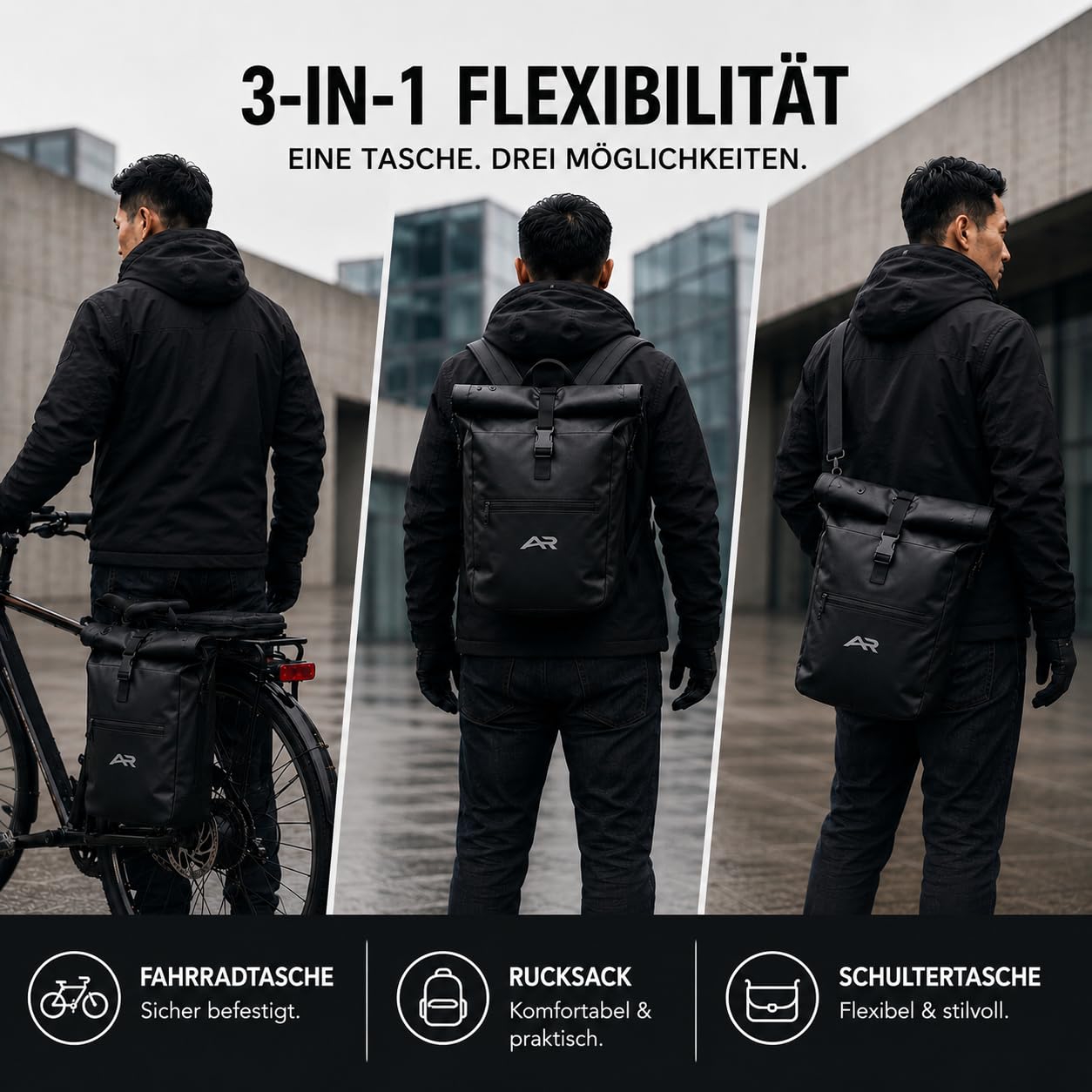 Fahrradtasche Gepäckträger 3in1: Gepäckträgertasche als Rucksack & Umhängetasche | 23L Wasserdicht | Laptopfach | Reflektierend