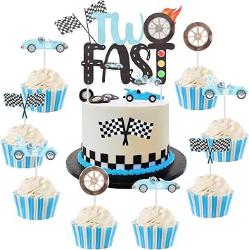 25 PCS Vintage Two Fast Cake Decorations for Boys - Blue Race Car 2nd Birthday Cake Topper with Cupcake Toppers Double Sided, Lets Go Racing Checkered Flag 2 Years Old Party Supplies