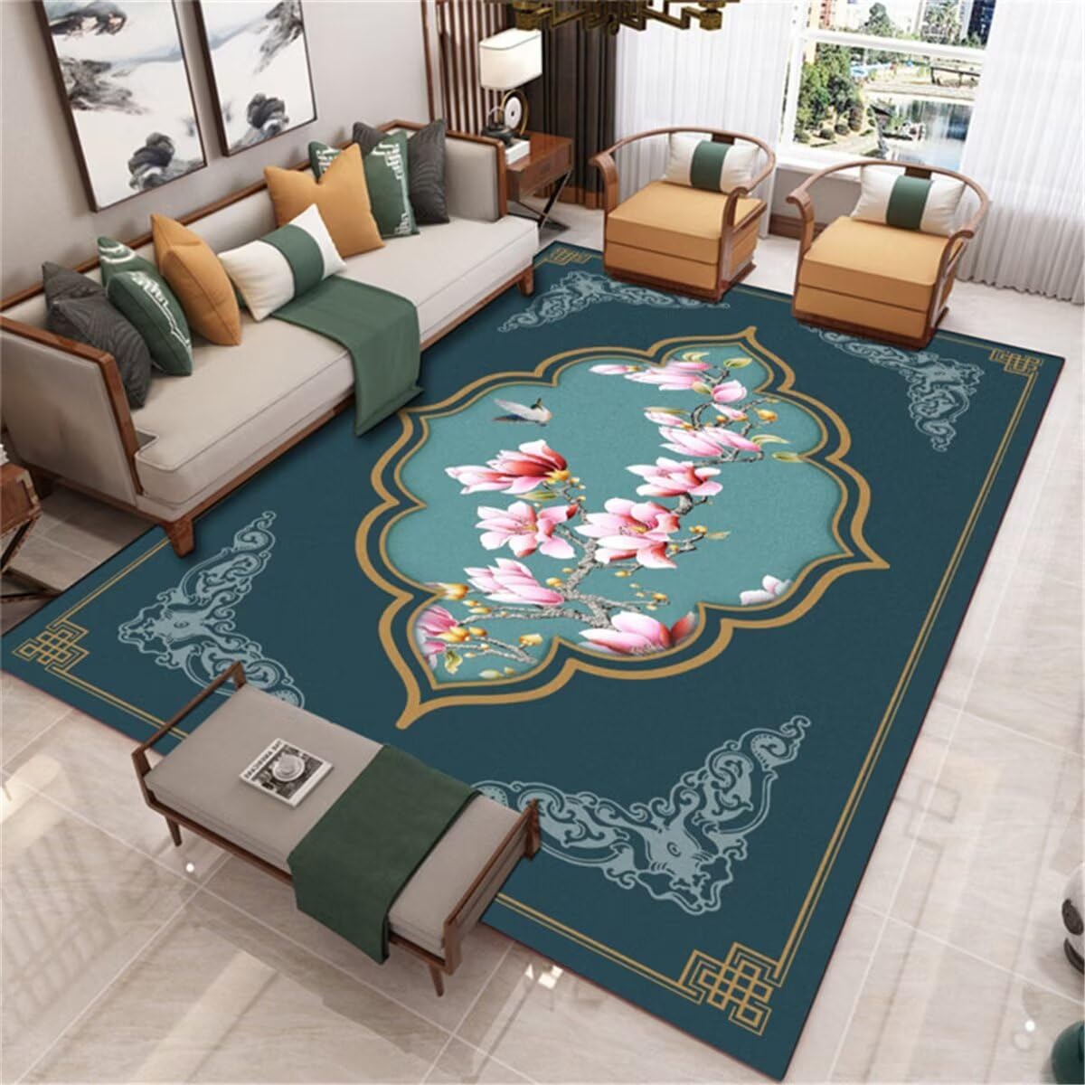 Tapis bleu de chambre fille 200X260CM à motif fleurs roses