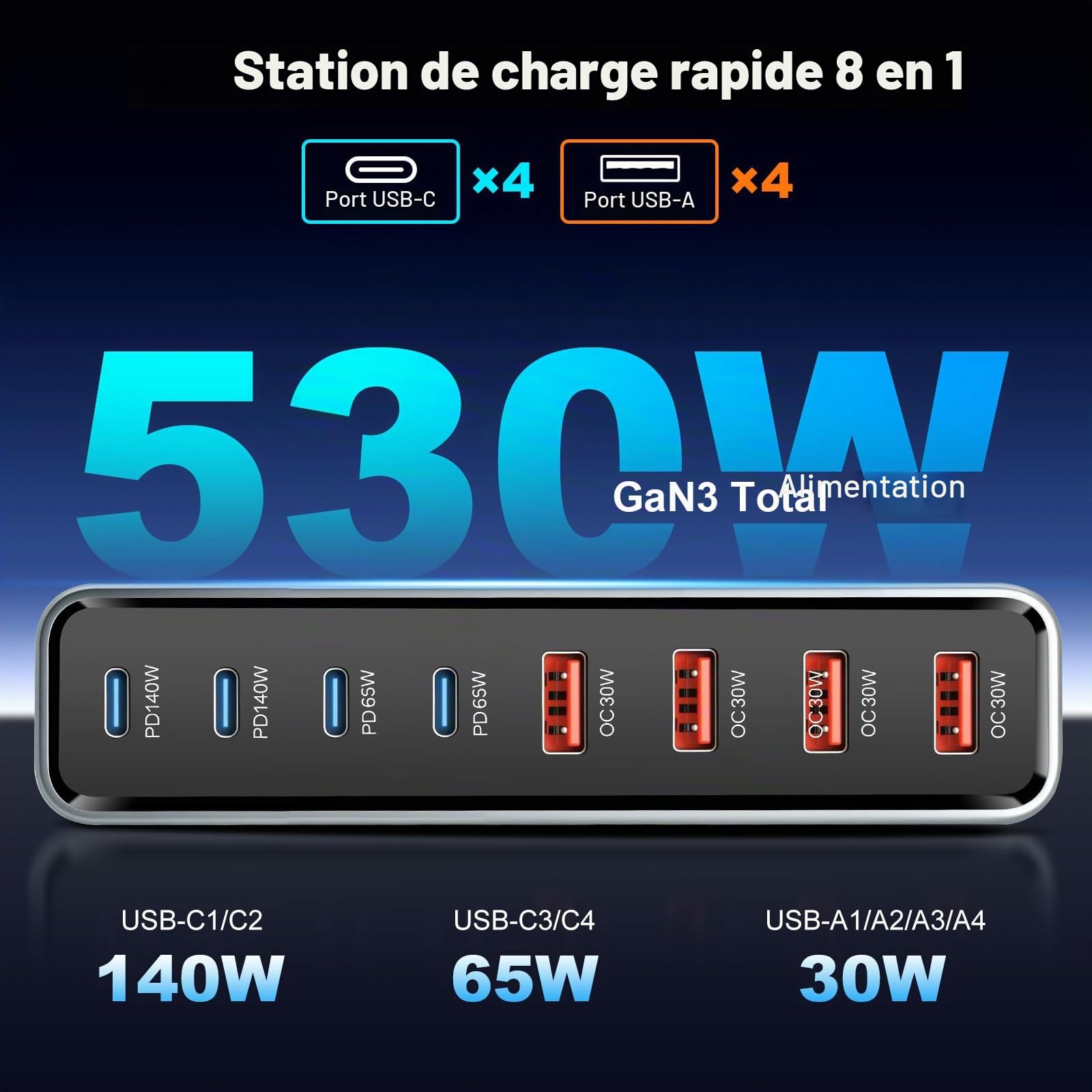 GaN III Chargeur USB C multiple 530 W avec 8 ports, chargeur rapide USB multiple avec 4 x USB-C et 4 x USB-A, PD140 W, 65 W, 30 W Power Delivery Station de charge USBC pour MacBook Pro/Air, iPhone