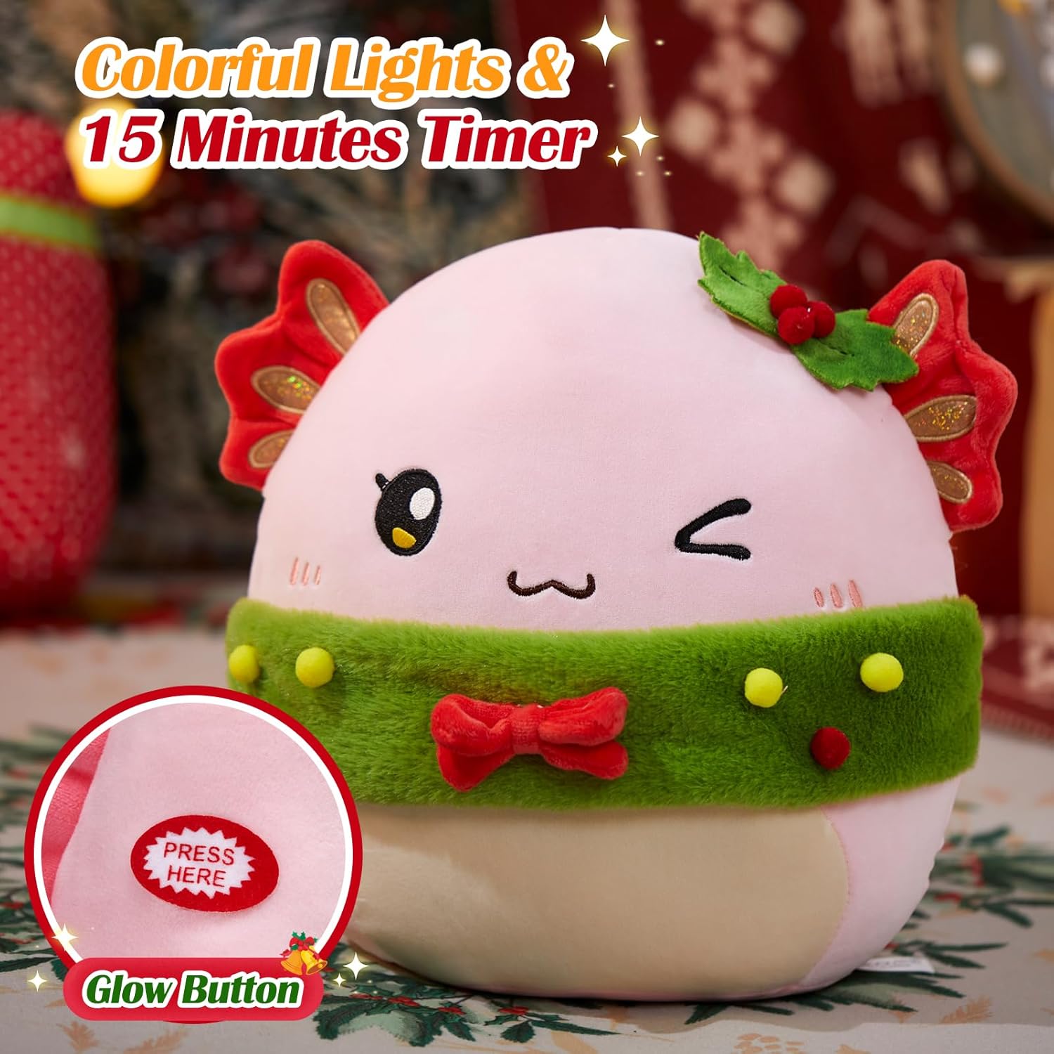 Christmas Light up Axolotl Plush, Pink Axolotl Stuffed Animals with Christmas Wreath, Kawaii Salamander Plush Toys Xmax Decor Gifts for Kids, 13"