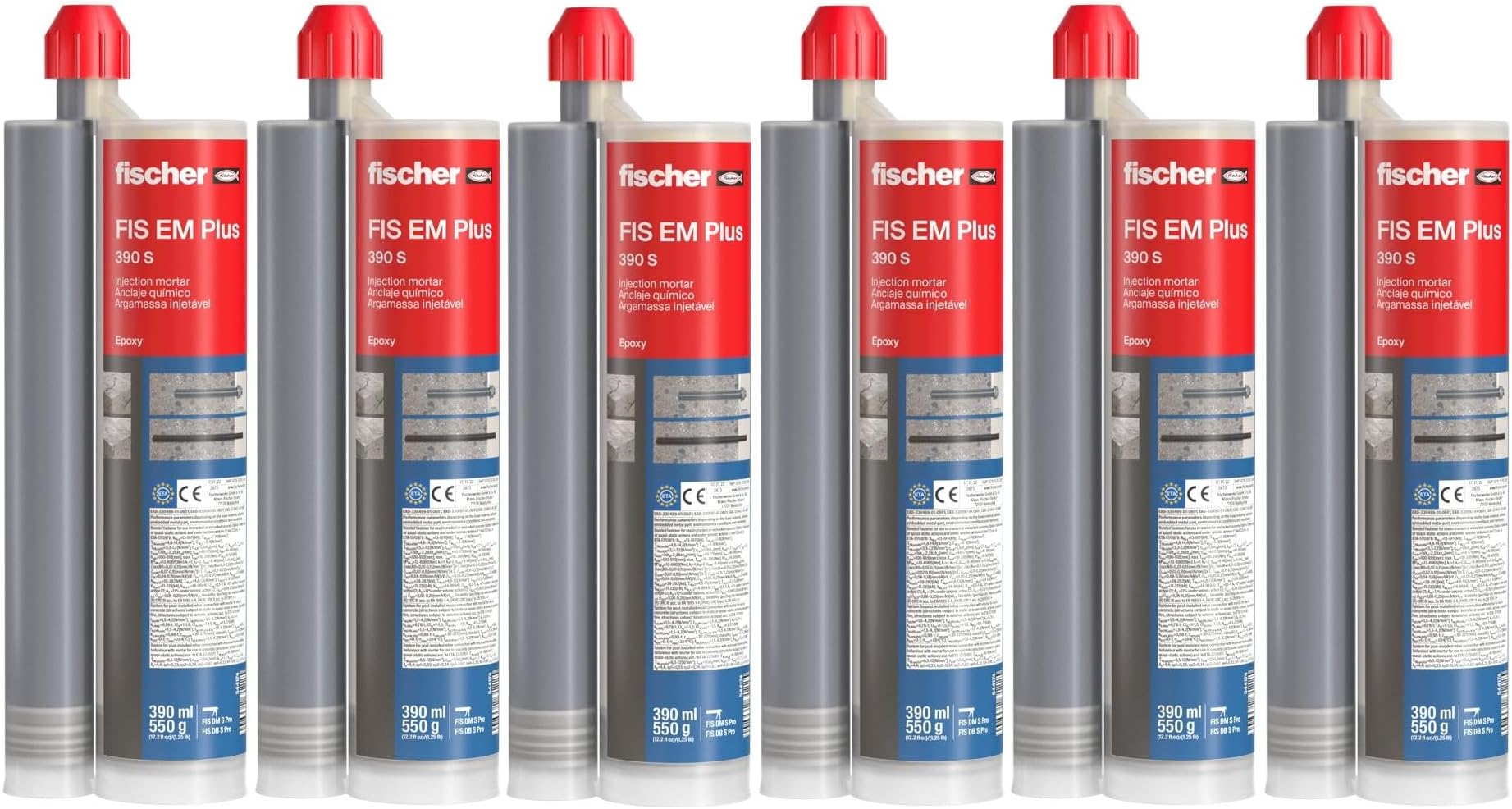 fischer Injection Mortar FIS EM Plus 390ml (13.2 Oz) Chemical Anchoring on Cracked and Uncracked Concrete Strongest Universal Mortar in The Market - 6 Pack with 12 Mixer nozzles
