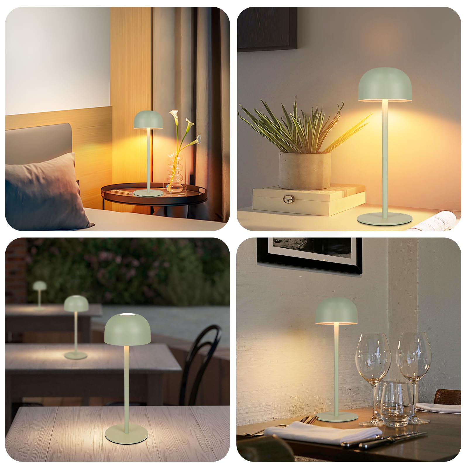 Homefire Lampada da tavolo a LED senza fili, 2 pezzi: touch dimmabile, 3 temperature di colore ricaricabile, batteria regolabile, portatile, impermeabile, verde
