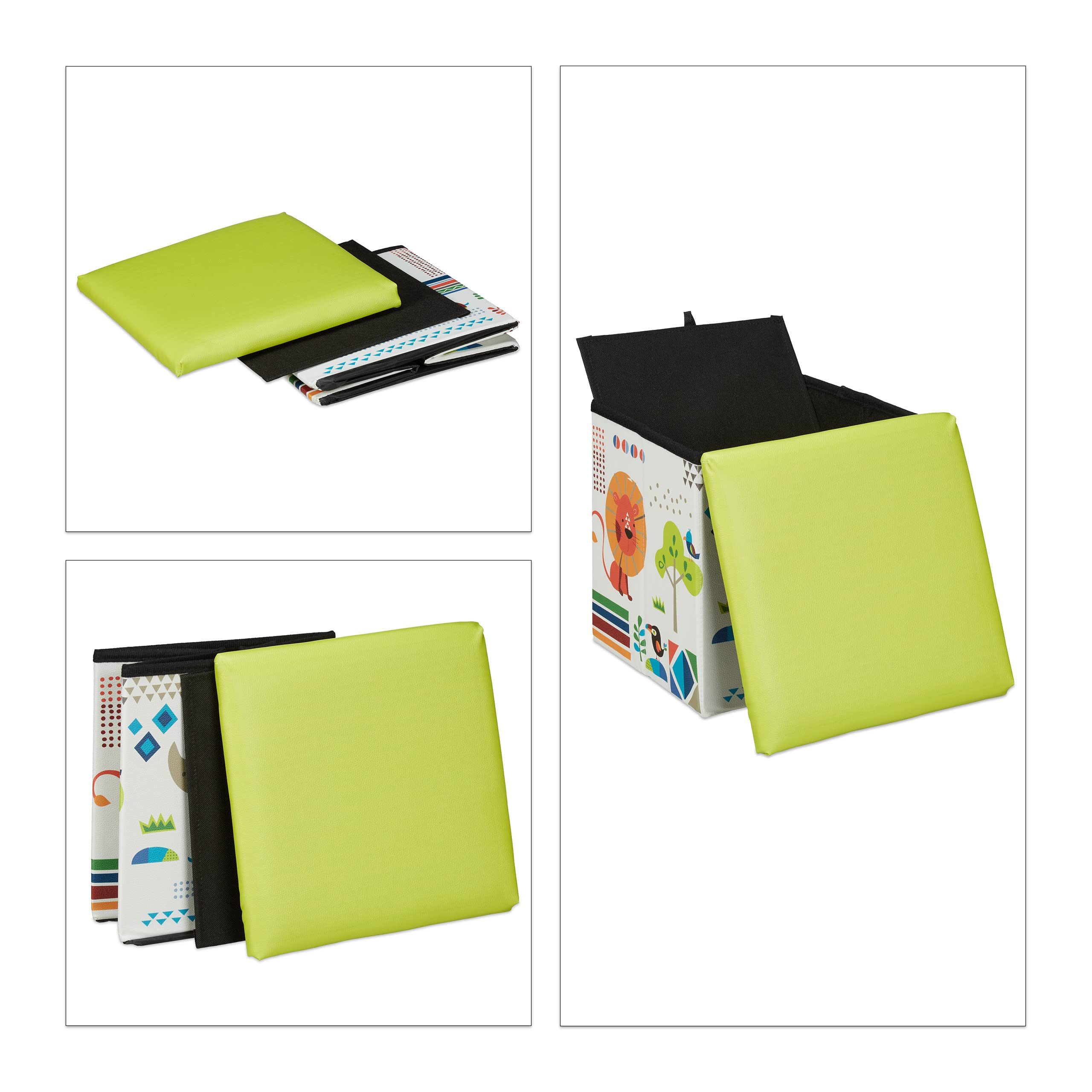 BiancoRelaxdays Pouf Contenitore, Porta Giochi per Bambini, Sgabello, Design-Animali, Poggiapiedi, 31x31x31 cm, Verde