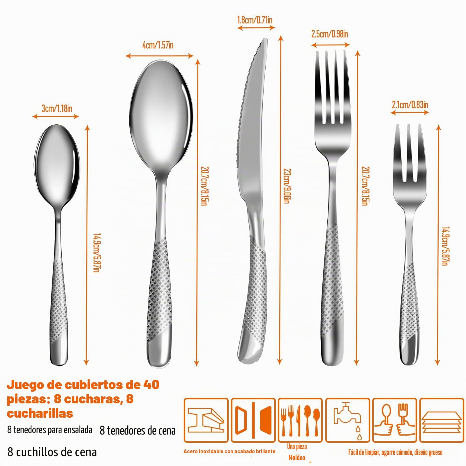 Cubiertos 40 piezas, Kit Cubiertos Individuales Acero Inoxidable para 8 personas, omprend cuchillos/tenedores/cucharas, lavable en lavavajillas, fácil de limpiar