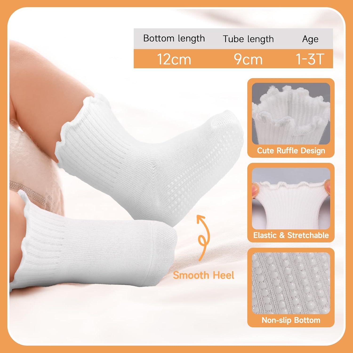 6/12 Pairs Non Slip Toddler Ruffle Socks for Girls Cotton Frilly Socks with Grips for 1-3 Years Girls