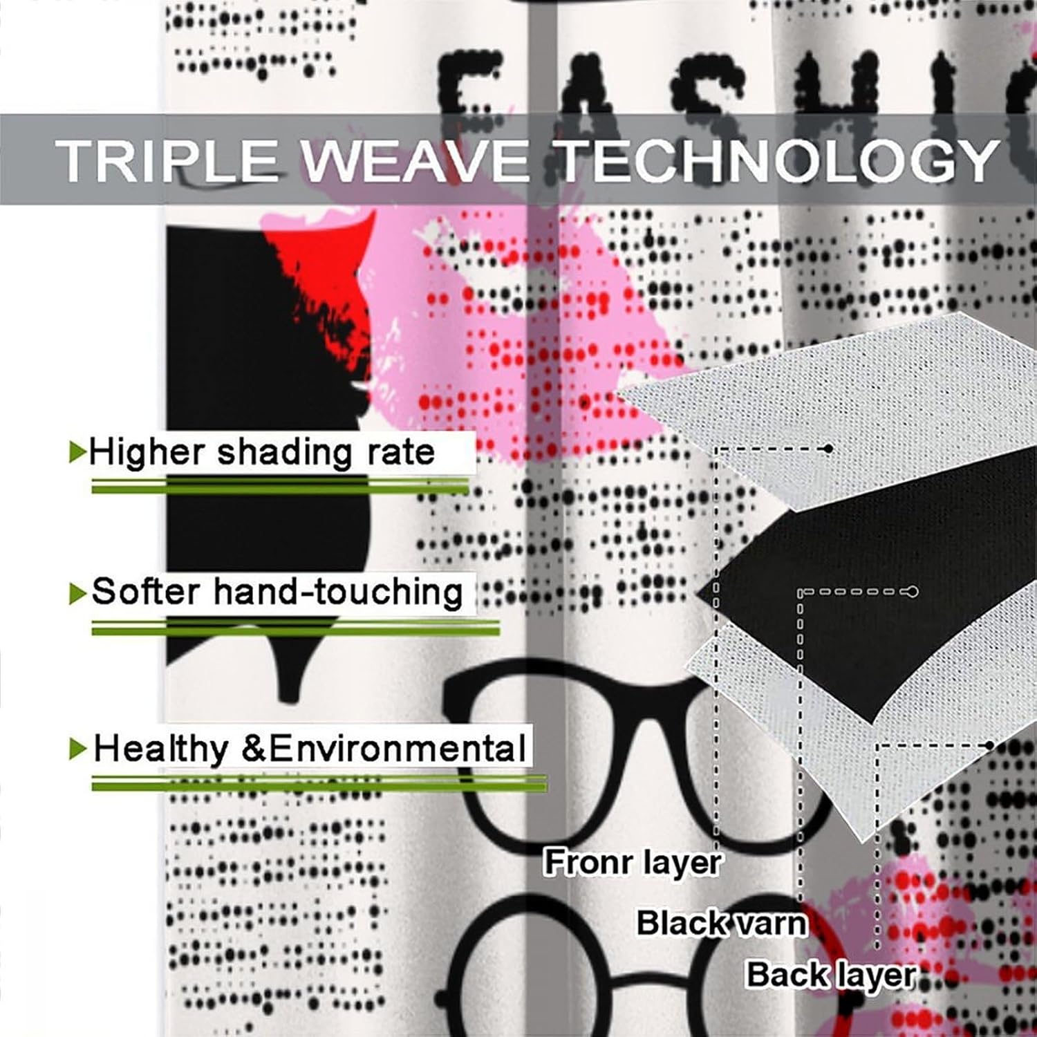 Old Newspaper Decor Window Curtain, Fashion Elements Kisses Lipstick Glasses Shoes Hangers Print for Home Kitchen Livingroom Coffee Room Window Curtain 2Panel 42" W X 63" L