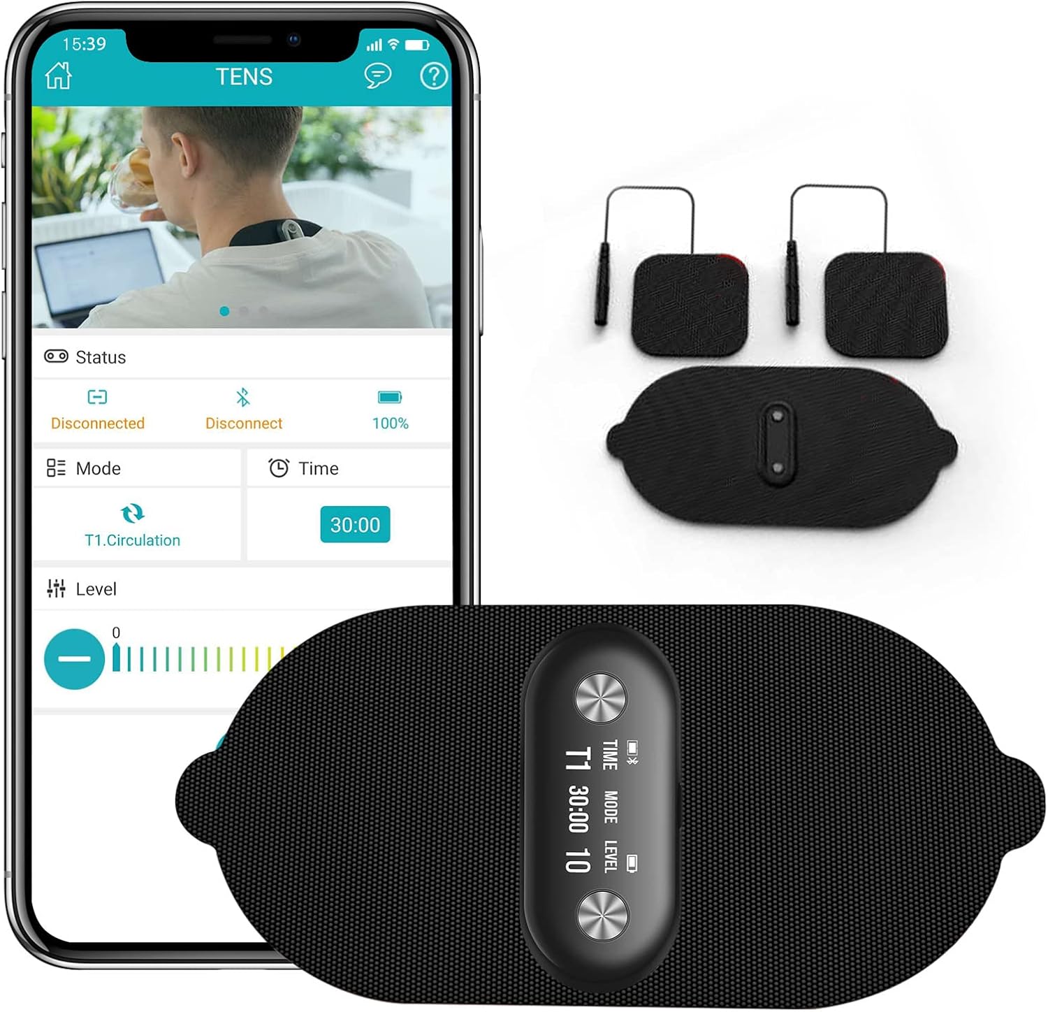 1 BY ONE Wireless TENS Unit Muscle Stimulator Bluetooth Massager Machine EMS Unit Electronic Pulse Muscle, EMS & TENS Modes, App Control, with 6 Pads for Neck, Knee, Back Pain Relief