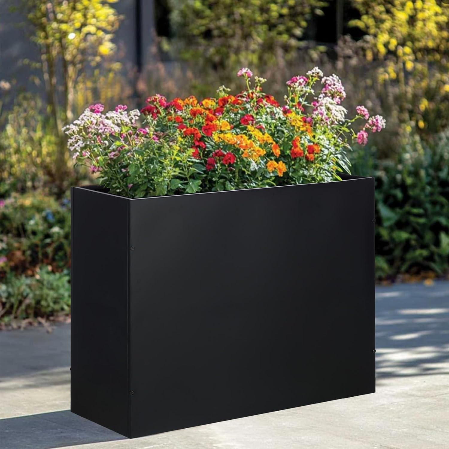 BAYN Metal Rectangular Planter Box Tall Planters for Outdoor Plants Modern Heavy Duty with Drainage Holes for Outside Indoor Patio Deck - Black, 32”x 12”x 24”