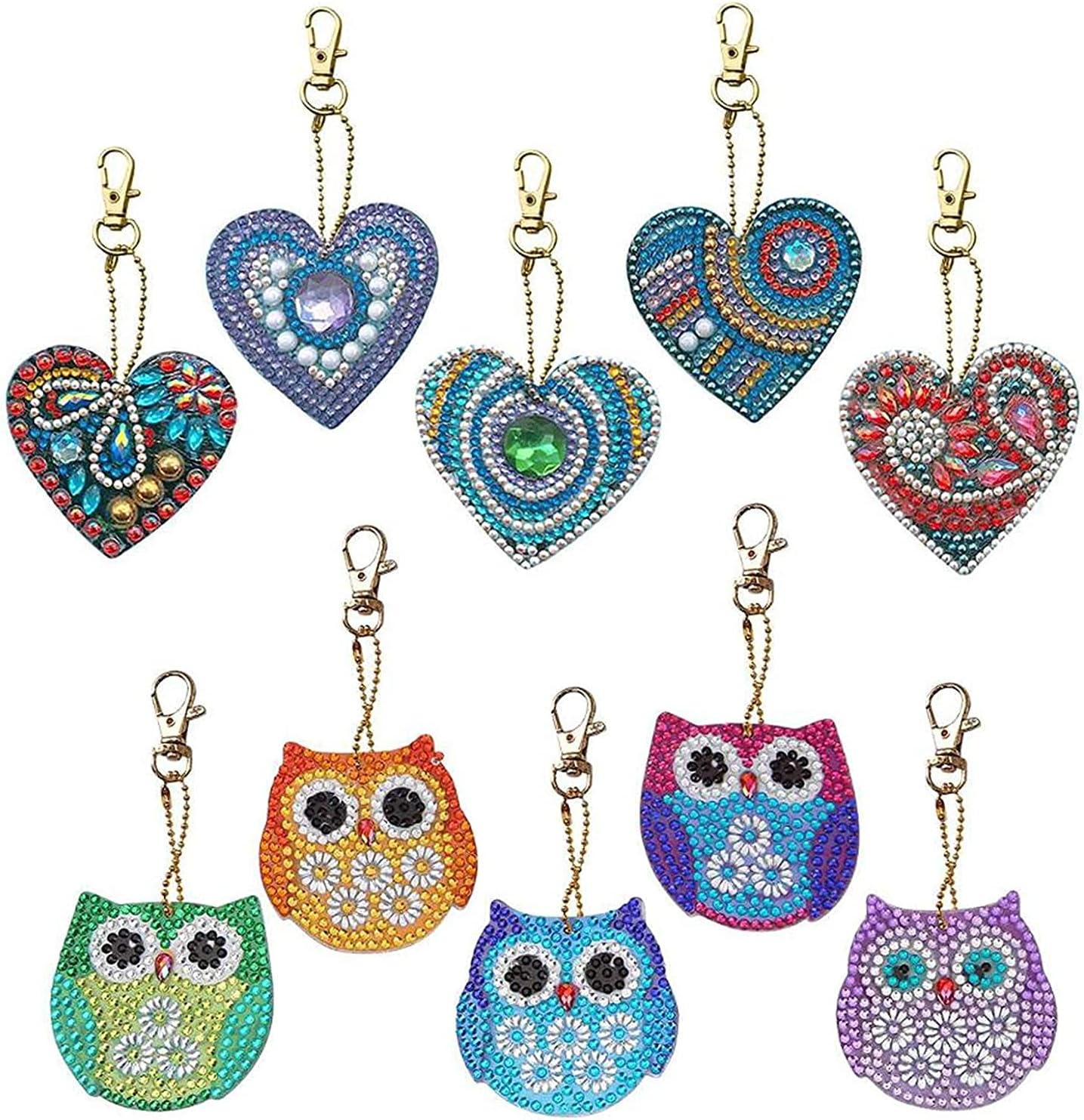 VEGCOO 10 Pcs DIY Diamond Painting Keychains, Love Heart & Owl Diamond Painting Keyrings for Women Girls Kids DIY Art Crafts, 5D Diamond Art Painting Charms Pendants for Keys Bags Purse Handbag (A)