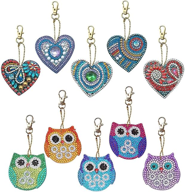 VEGCOO 10Pcs DIY Diamond Painting Keychain, DIY Art Craft Animal and Love Heart Diamond Painting Kits for Women Girls Purse/Key Pendant/Bag Decor (A)