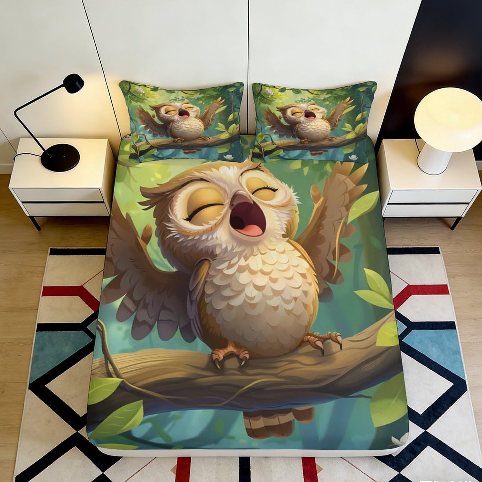 3D Printed Cartoon Owl Fitted Sheet Microfiber Soft Breathable Forest Branch Mattress Cover for Bedroom Guest Room 90x200x25cm