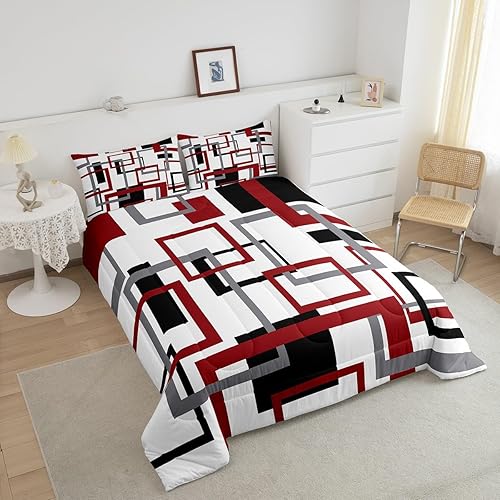 Miniatura 3 de Erosebridal Juego de edredón cuadrado para adolescentes y jóvenes, juego de ropa de cama negro, blanco y rojo, juego de edredón geométrico moderno