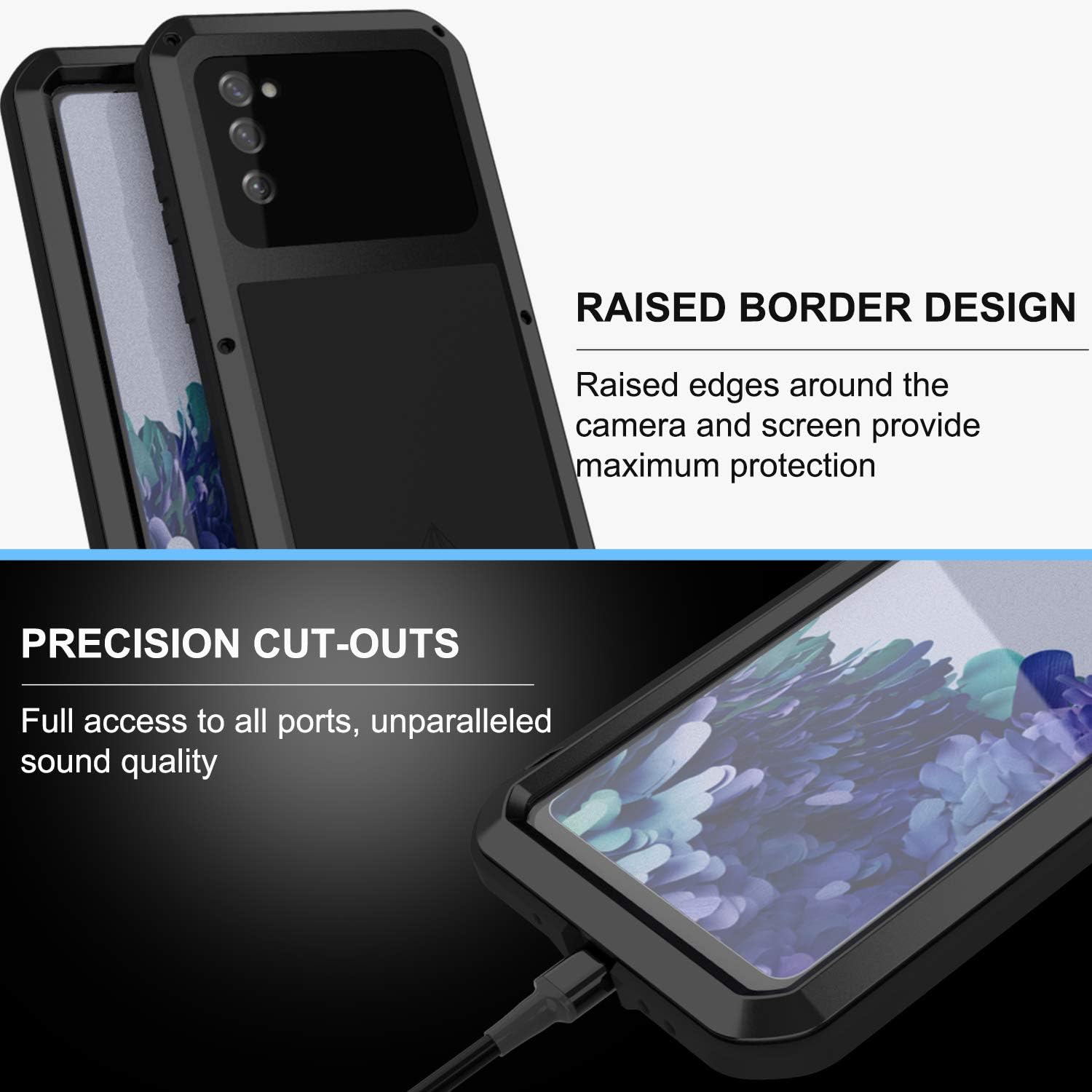 LOVE MEI Military Rugged Case for Samsung Galaxy S20 FE 5G, with Tempered Glass Screen Protector, Shockproof Dustproof Scratch Proof Hybrid Metal and Silicone Gel Heavy Duty Full Body Cover Black - Image 6