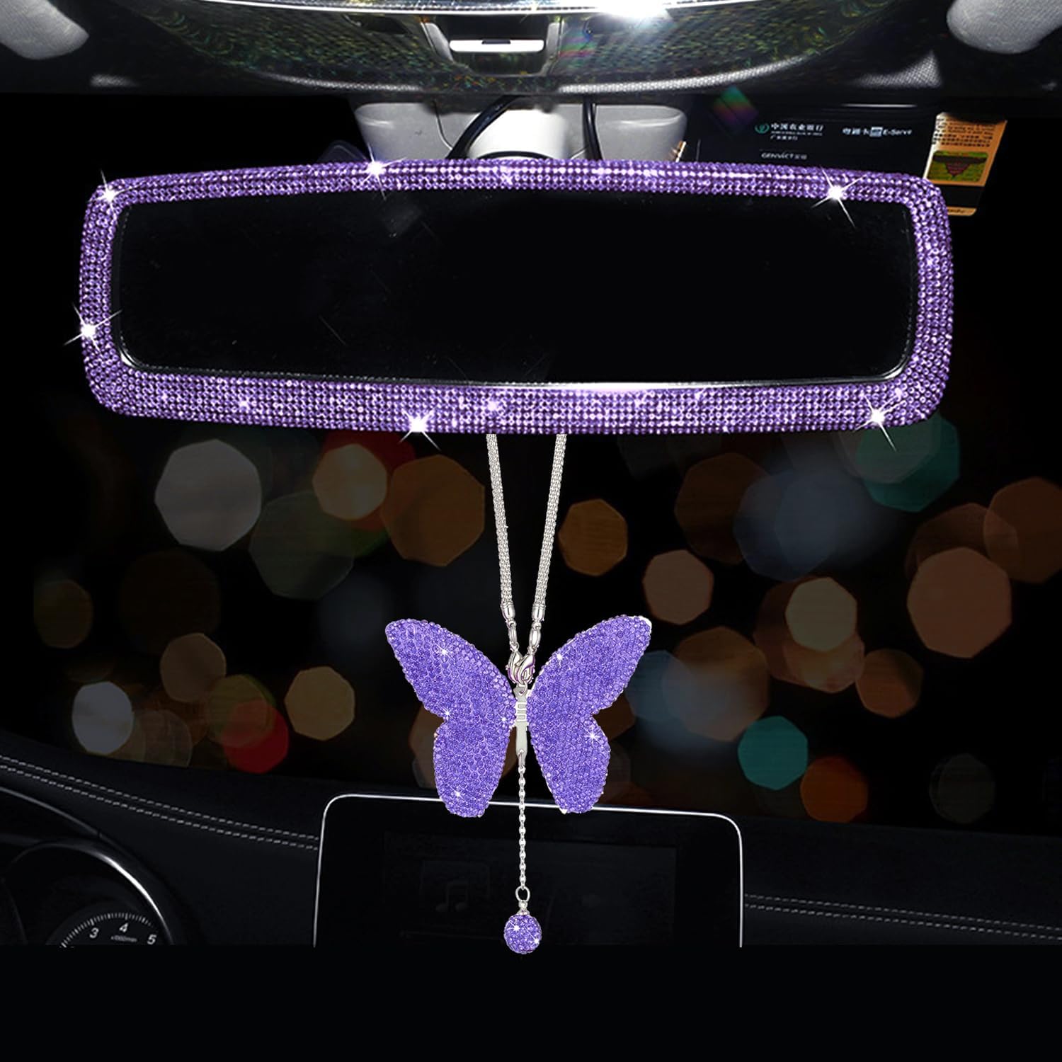 2PCS Purple Bling Bling Reaview Mirror & Crystal Butterfly Hanging Pendant