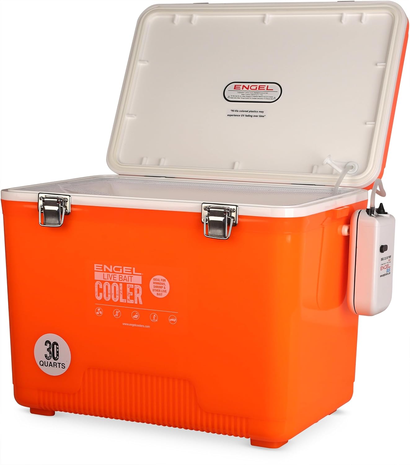Engel Live Bait Cooler Box with 2nd Gen 2-Speed Aerator Pump - Portable Fishing Station & Minnow Bucket for Shrimp & Other Live Fish with Aerator - ENGLBC-N