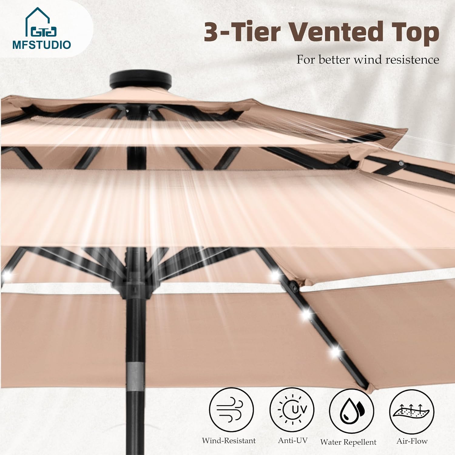 MFSTUDIO 10ft 3 Tier Solar Patio Umbrella, Outdoor Market Umbrellas with 24 LED Lights, Auto-tilt, Sun Shade for for Backyard Deck Garden, Beige