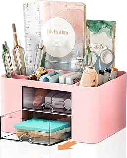 Desk Organiser Tidy, 2 Drawers Plastic Table Stationary Organiser with 5 Compartments Desktop Storage Holder Stationery Supplies Organizer for Office, School, Home(Pink)