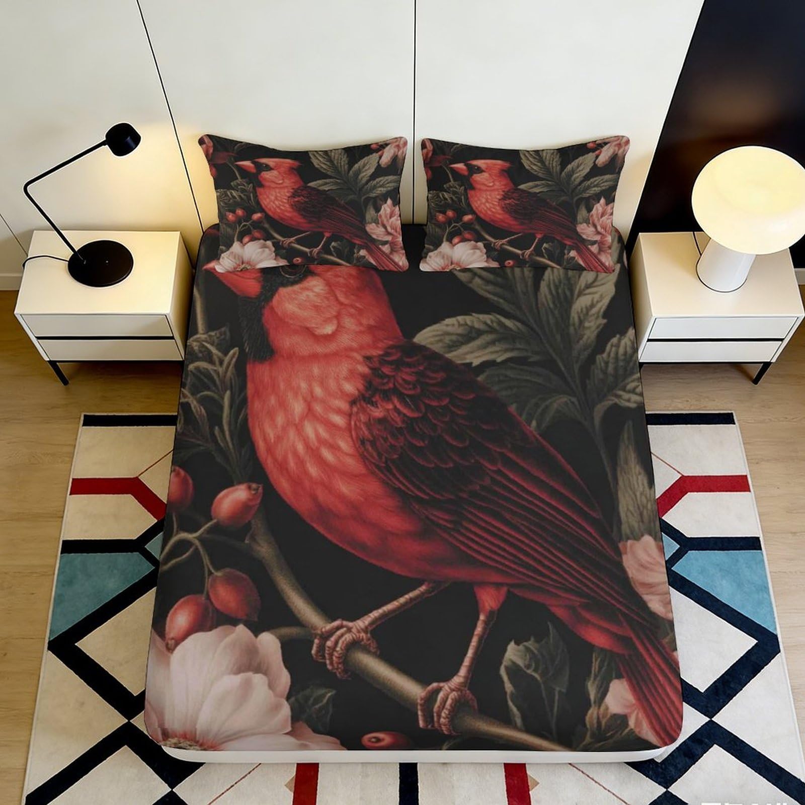 Uxinyoume Style-8 3D Printed Red Bird Fitted Sheet Microfiber Soft Botanical Mattress Cover For Bedroom Guest Room Decor Dustproof Washable 90X200x25cm