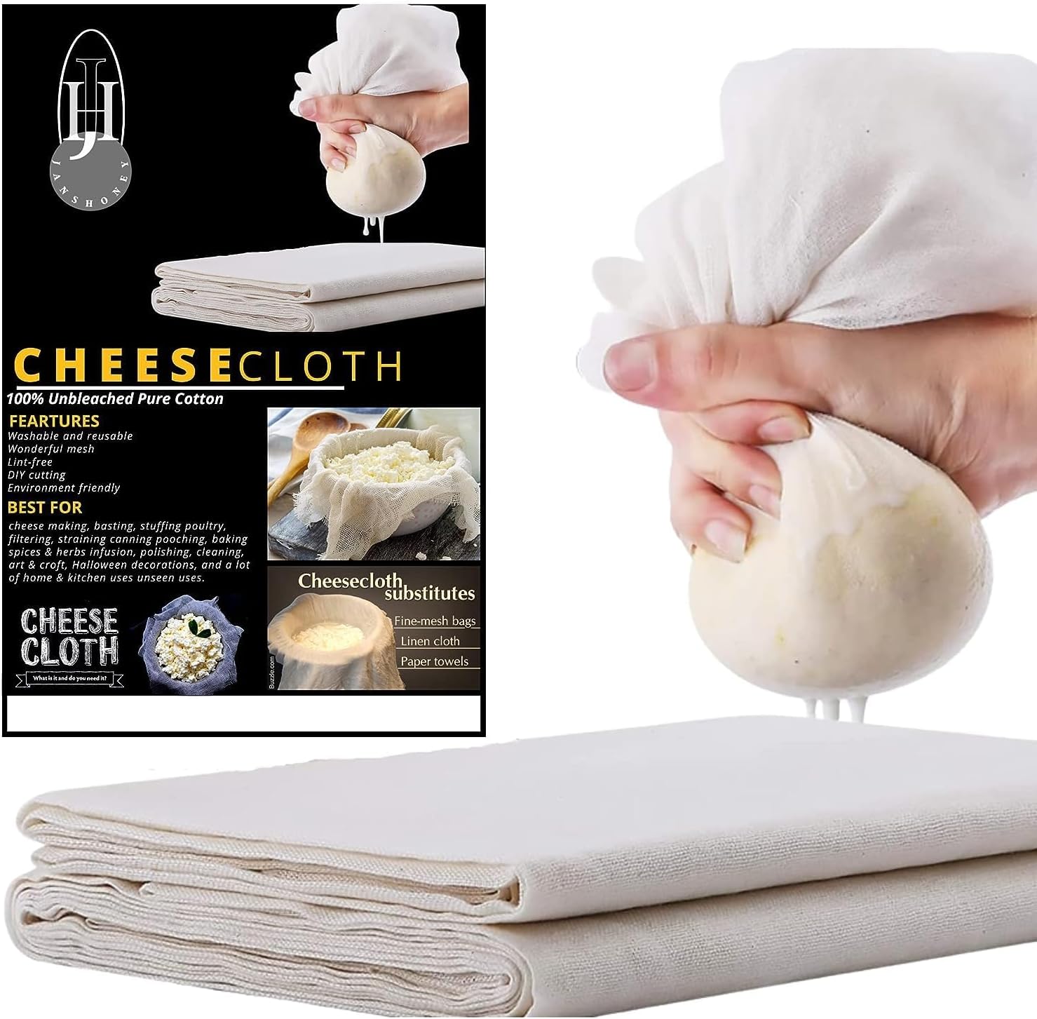 Cheesecloth 100 Grade Unbleached Pure Cotton Muslin Cloth for Straining,Filter Strainer for Making Cheese,Organic Ultra Fine Reusable Hemmed Edge Cheese Cloth Cooking,Nut Milk,Steaming,Basting,