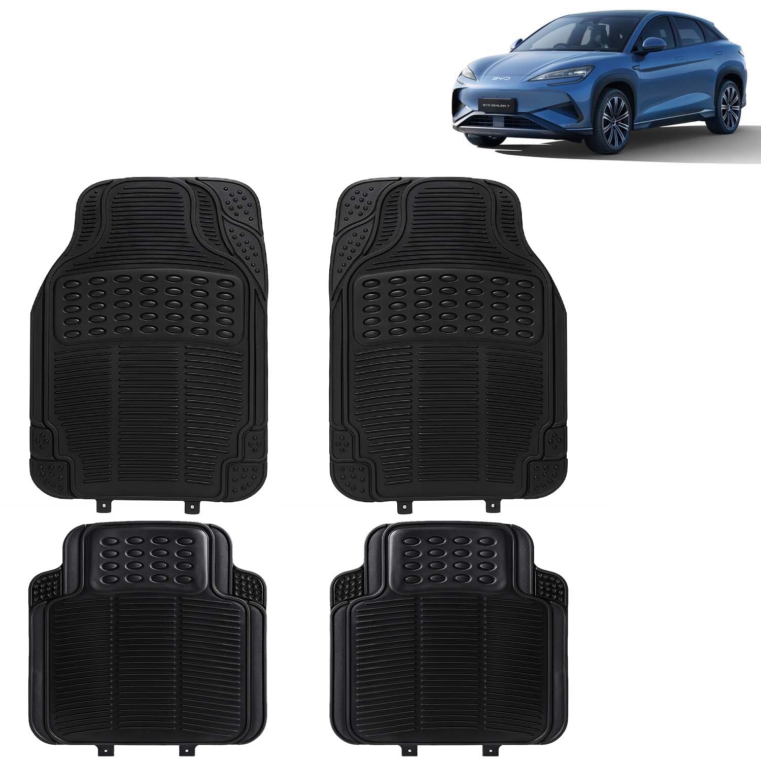 KINGSWAY Accessories Universal Use Anti Skid PVC Car Mat Compatible with BYD Sealion 7 Year 2025 Onwards, Set of 4 Pcs Anti Slip Car Floor Rubber Mats, All Weather Car Foot Mats, Black
