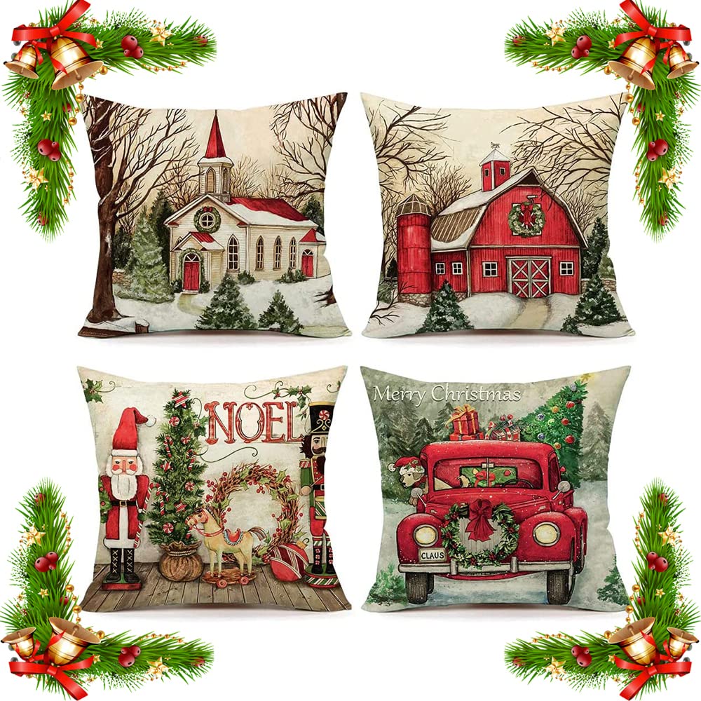 ORANIFUL Christmas Cushion Covers 50cm x 50cm Set of 4 Velvet Holiday Pillow Case for Sofa Couch Bedroom Xmas Decorations Throw Pillowcase 20x20 Inches (4pack-06)