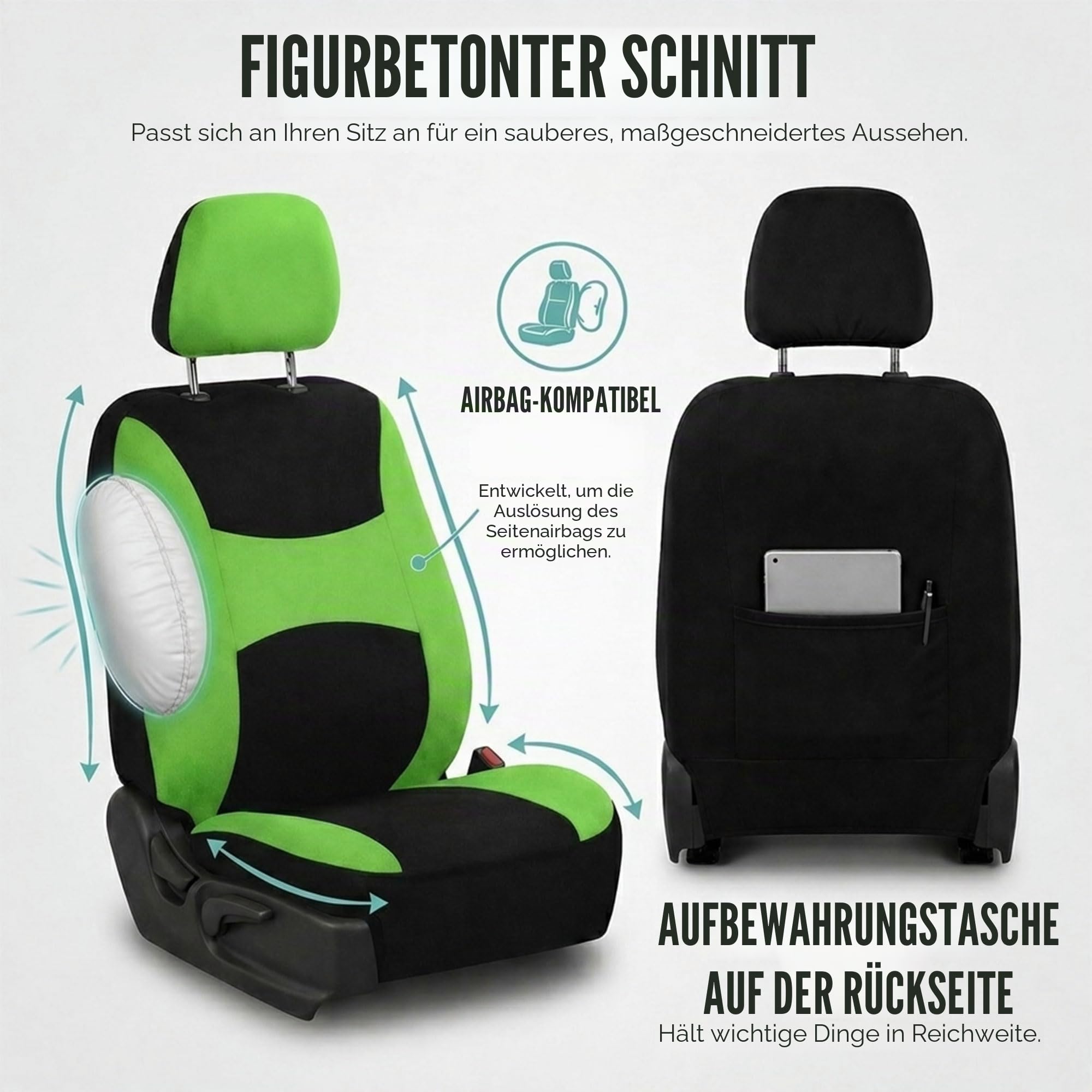 FH GROUP FB030GREEN-COMBO Autositzbezüge, universelle Passform, Kombi-Set mit Lenkradbezug und Sicherheitsgurtpolster, für die meisten Pkw, SUV, LKW, Airbag-kompatibel, Geteilte Rückbank, Grün