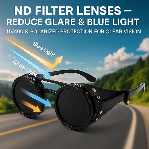 Adjustable Tint Steampunk Sunglasses ND Filter, UV400 Polarized Retro Round Shades, Leather Side Shields