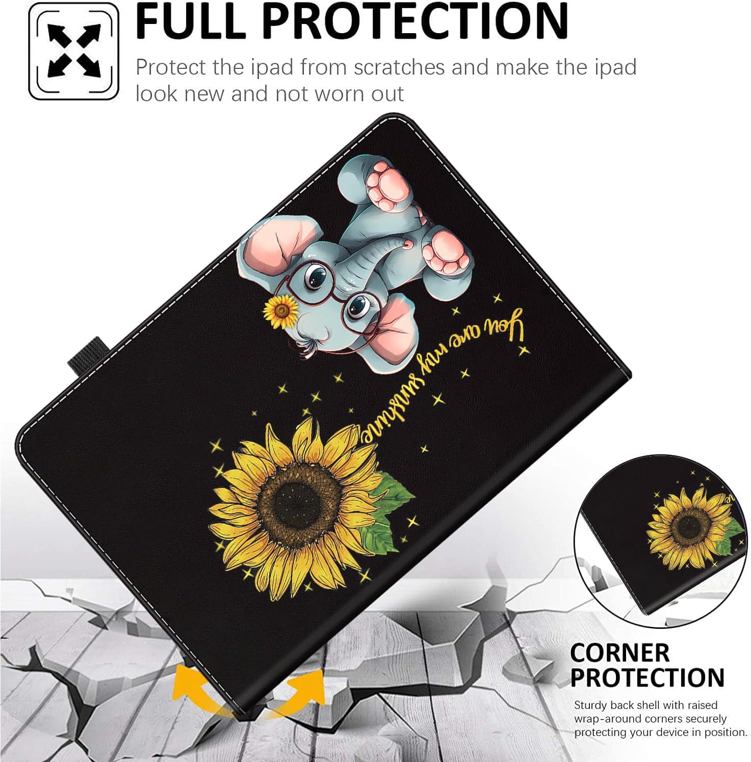 Case Fits Amazon Kindle Fire HD 8 & 8 Plus Tablet (12th Generation/10th Generation, 2022/2020 Release) 8, Multi-Angle Smart Stand Cover Auto Sleep/Wake，Cute Elephant and Sunflower